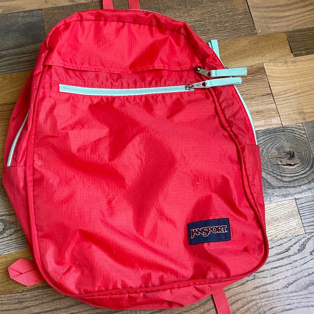 JanSport Coral Red Aqua Ripstop Nylon Backpack Lightweight Daypack